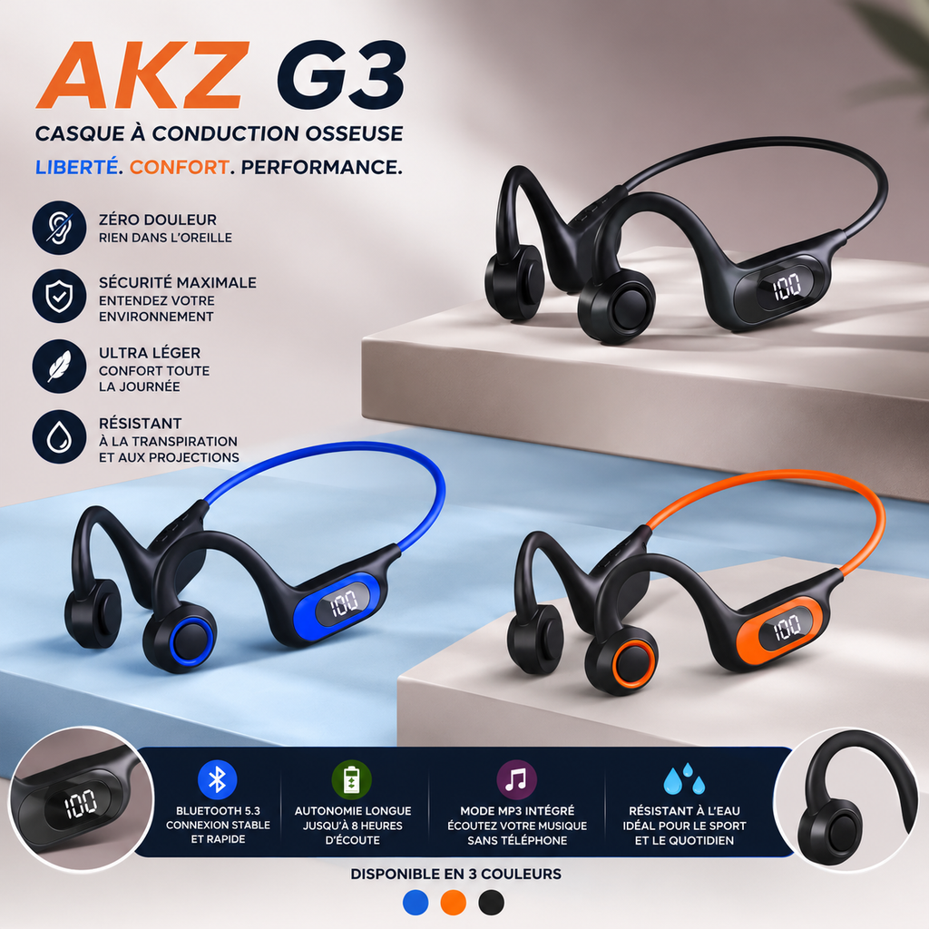 AKZ G3™ – Casque Bluetooth à Conduction Osseuse- MP3